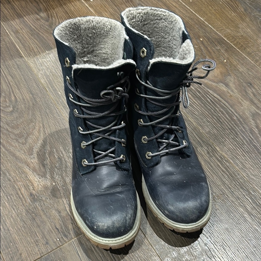 Timberland Dark Blue Lace-Up Boots with Fur Lining, Construction Boots Women's